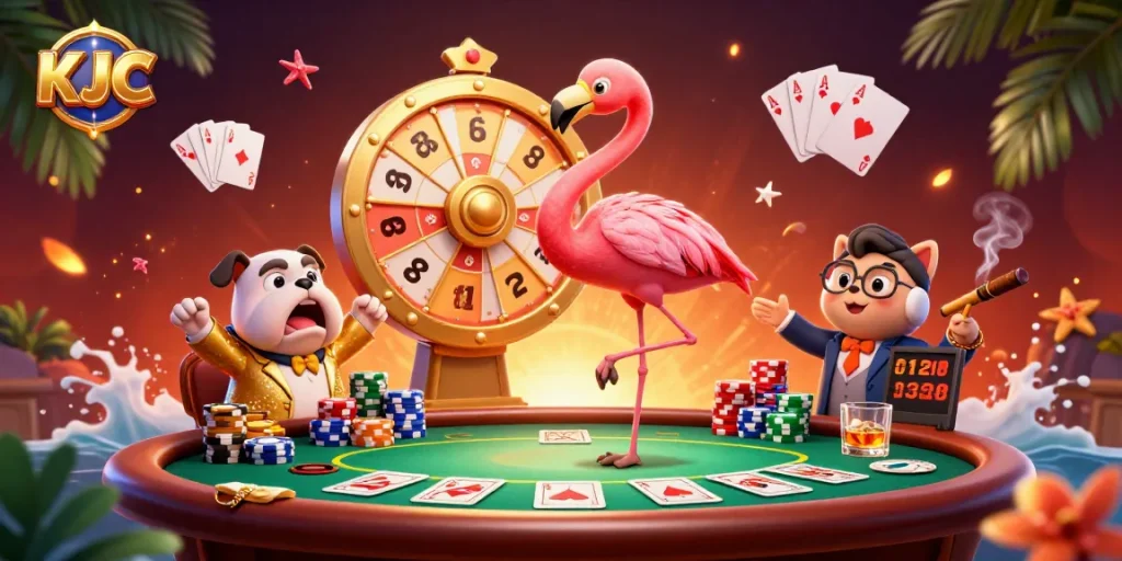 Engage in exciting gameplay with KJC's vibrant 3D casino scene featuring a prize wheel.