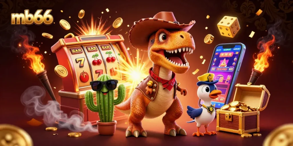 Spin the reels with mb66: A dynamic scene featuring a cartoon T-Rex in a casino setting.