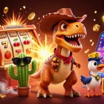 Spin the reels with mb66: A dynamic scene featuring a cartoon T-Rex in a casino setting.