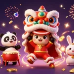 Engage with b52 online casino games featuring vibrant lion dance characters amidst cascading coins and gaming elements.