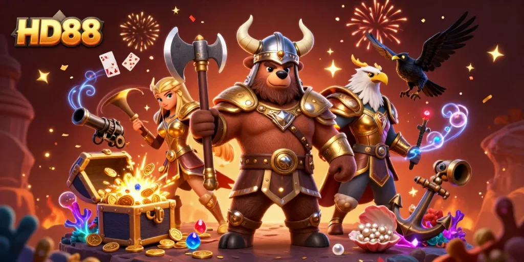 Join the adventure with HD88 as top characters celebrate colorful winnings in an exciting casino atmosphere.