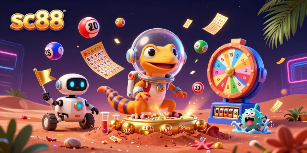 Experience sc88 thrills with our Martian gecko discovering a hidden casino in a vibrant 3D illustration.