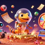 Experience sc88 thrills with our Martian gecko discovering a hidden casino in a vibrant 3D illustration.
