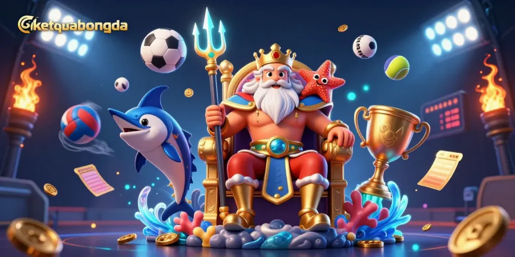 Engage with dynamic ketquabongda sports betting featuring Neptune, sports balls, and vibrant glory.