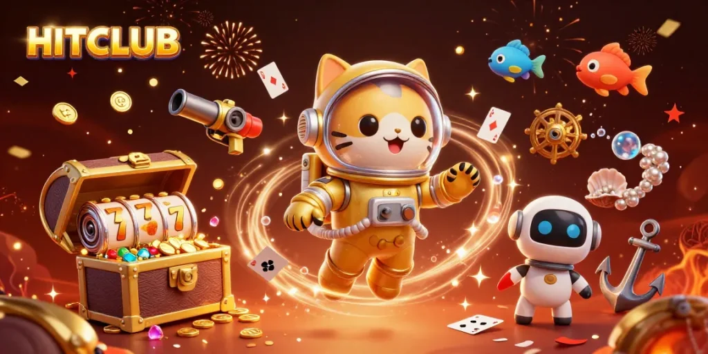 Engage with HITCLUB's thrilling adventures as a golden astronaut cat and robot dog explore exciting slot realms.