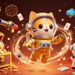 Engage with HITCLUB's thrilling adventures as a golden astronaut cat and robot dog explore exciting slot realms.