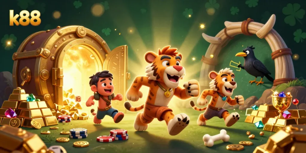 Experience thrilling adventures at k88 casino with our dynamic prehistoric gaming scene depicting rich treasures.