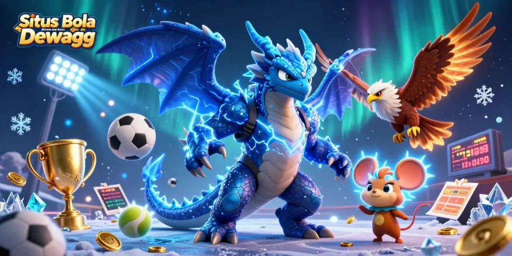 Situs Bola Resmi Dewagg showcases dynamic sports betting action with vibrant 3D cartoon characters.