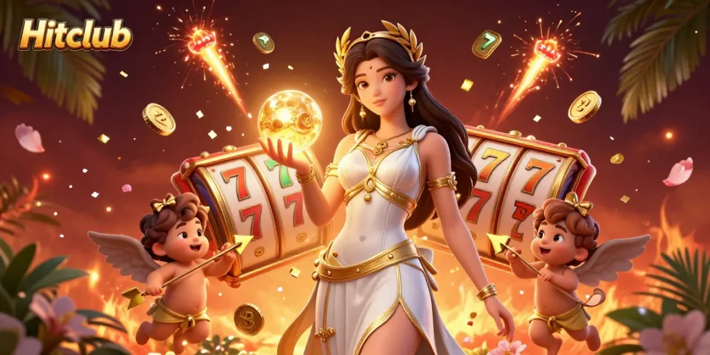 Hitclub showcases slot reels and jackpots in a vibrant 3D gambling illustration.