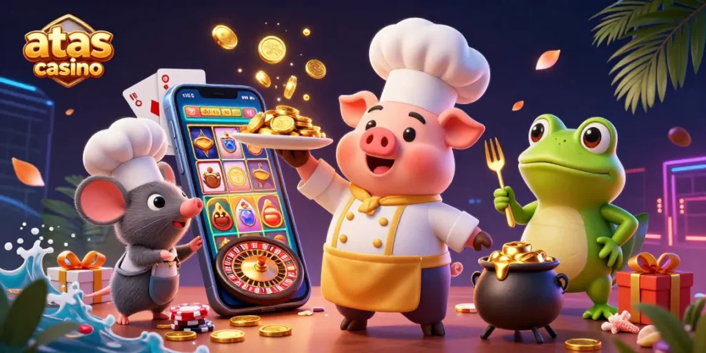 Experience exhilarating gaming at atas casino with animated characters showcasing vibrant slot games and gold coins.