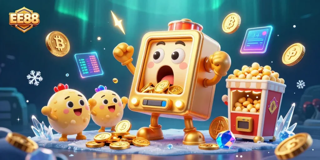 Experience exciting jackpots with EE88's animated golden slot machine celebrating wins with coins pouring out.