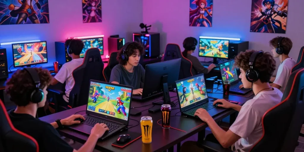 Group of adults enjoying hentaigames on various devices in a vibrant gaming setup.