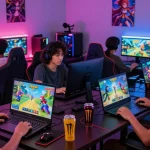 Group of adults enjoying hentaigames on various devices in a vibrant gaming setup.