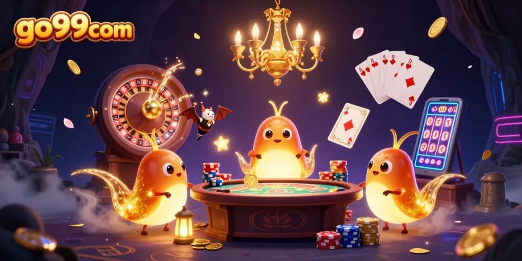 Light up your gaming night with go99com, featuring vibrant casino action and animated glowworms.