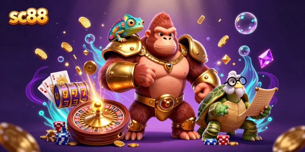 Win big at sc88 with a dynamic casino scene featuring a powerful gorilla king, vibrant slot reels, and golden coins.
