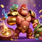 Win big at sc88 with a dynamic casino scene featuring a powerful gorilla king, vibrant slot reels, and golden coins.