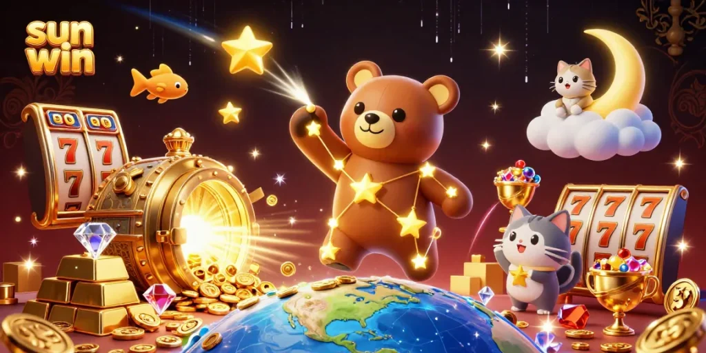 Scoop shiny coins with sun win's vibrant casino-themed colorful animated scene featuring shooting stars.