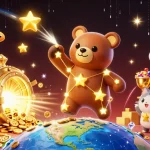 Scoop shiny coins with sun win's vibrant casino-themed colorful animated scene featuring shooting stars.