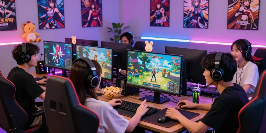 A lively gaming environment showcasing a diverse group of gamers enjoying the latest hentai game, surrounded by monitors and colorful gaming gear.