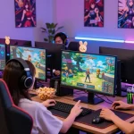 A lively gaming environment showcasing a diverse group of gamers enjoying the latest hentai game, surrounded by monitors and colorful gaming gear.