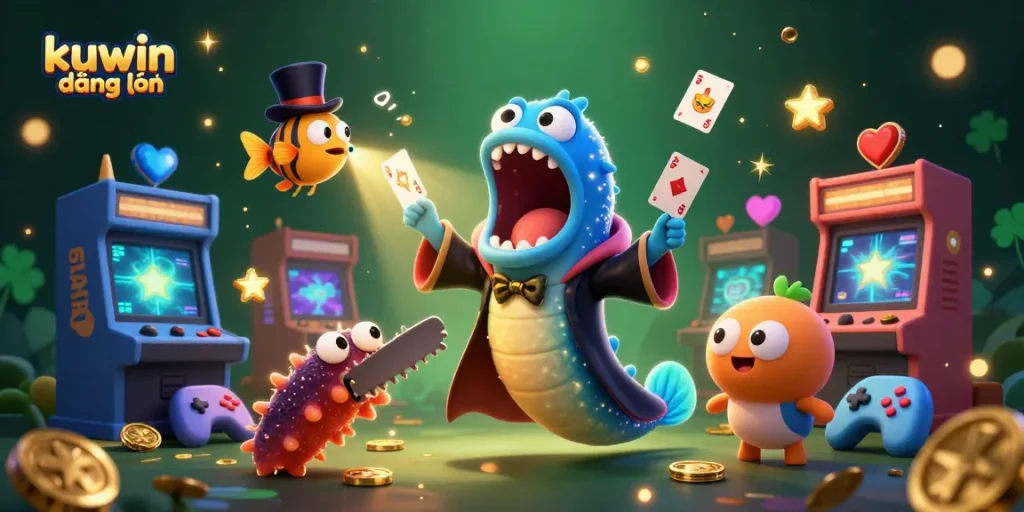 Kuwin đăng nhập showcases a vibrant scene of a deep-sea gulper eel performing magic tricks in a casino setting, surrounded by bright game elements.