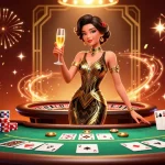 KTO celebrates with an elegant Asian woman in a casino scene, surrounded by vibrant casino game elements.