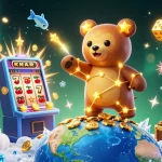 Experience the excitement of man88 as a constellation bear scoops coins amidst casino wonders.
