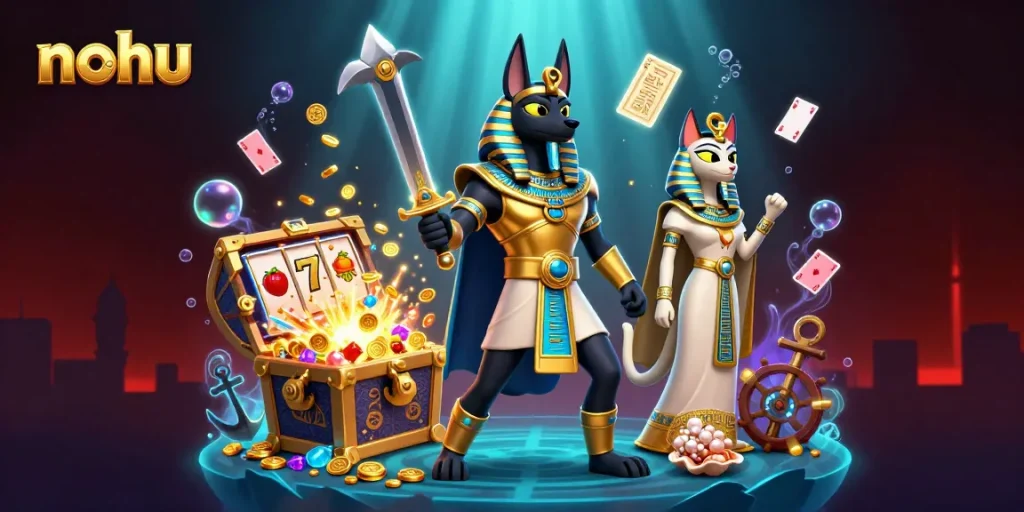Experience nohu action with animated characters, slot reels, and treasures in vibrant 3D illustration.