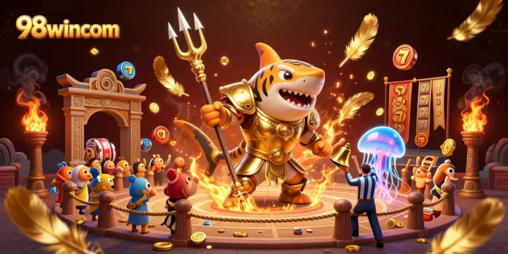 Engage in thrilling gameplay with 98wincom's vibrant underwater casino scene featuring unique characters and settings.