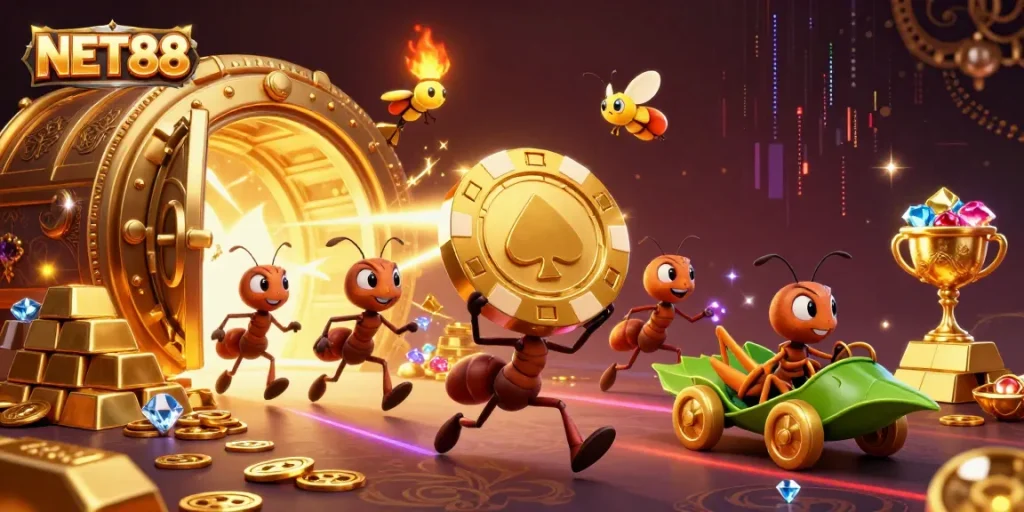 NET88 heist illustration featuring ants and gold poker chips promoting a thrilling gaming experience.