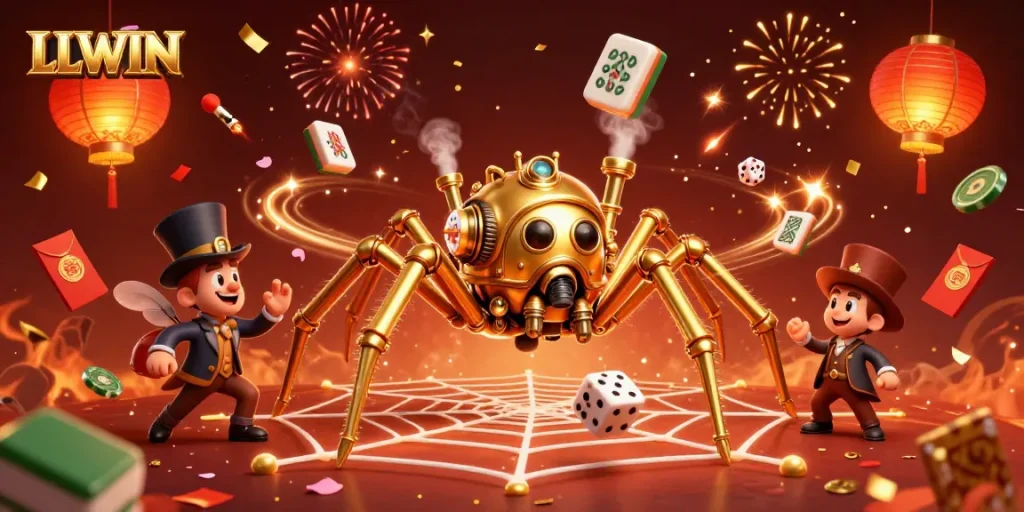 Spin the reels and win with LLWIN as a steampunk spider catches dice in a vibrant casino scene.