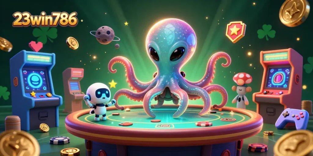 Experience thrilling action at 23win786 with the alien octopus gaming on a poker table amidst vibrant casino elements.