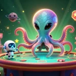 Experience thrilling action at 23win786 with the alien octopus gaming on a poker table amidst vibrant casino elements.