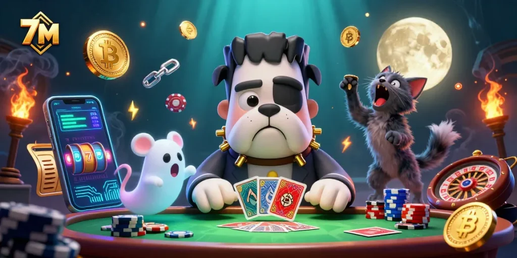 Engage in thrilling 7M casino action with a vibrant scene of quirky characters and glowing crypto elements.