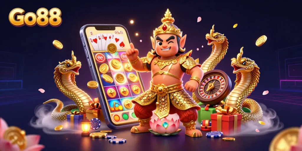 Win big with Go88 in this vibrant 3D gaming scene filled with casino action and excitement.