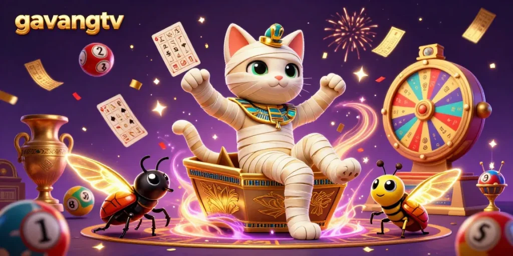 Experience thrilling action with gavangtv as a mummy cat unveils excitement in a vibrant casino scene.