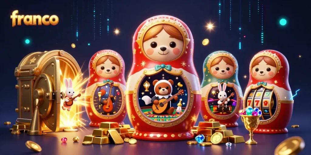 Playful Franco bear in a bustling casino scene with golden treasures.