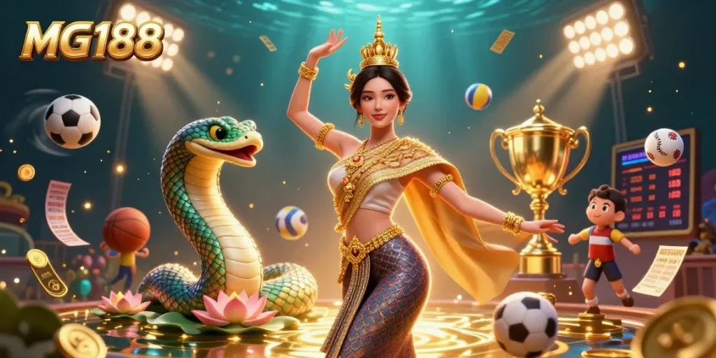 Experience thrilling gaming with MG188 featuring a graceful Thai dancer and dynamic sports elements.