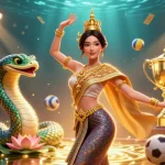 Experience thrilling gaming with MG188 featuring a graceful Thai dancer and dynamic sports elements.
