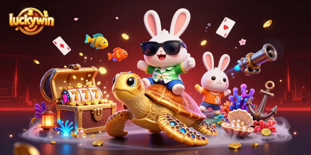 Experience thrilling gaming at luckywin with vibrant characters, slot reels, and gold coins everywhere!
