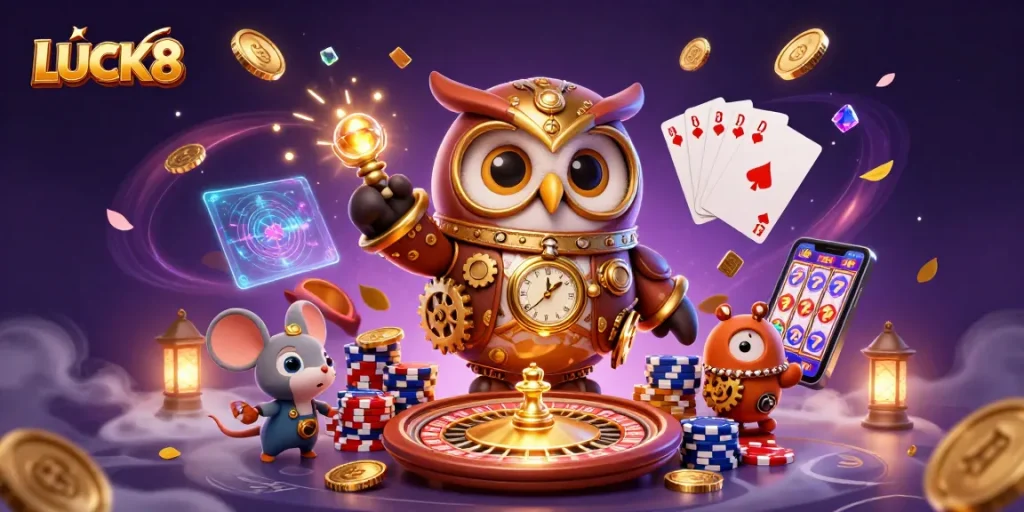 Experience LUCK8 in a vibrant casino scene with steampunk elements and sparkly game graphics.