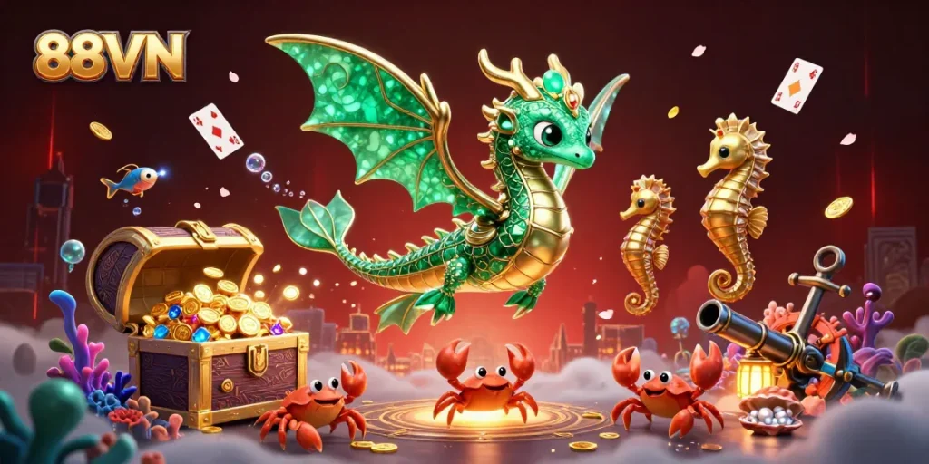 Experience thrilling bets with 88VN in a vibrant underwater casino scene, filled with treasure and adventure.
