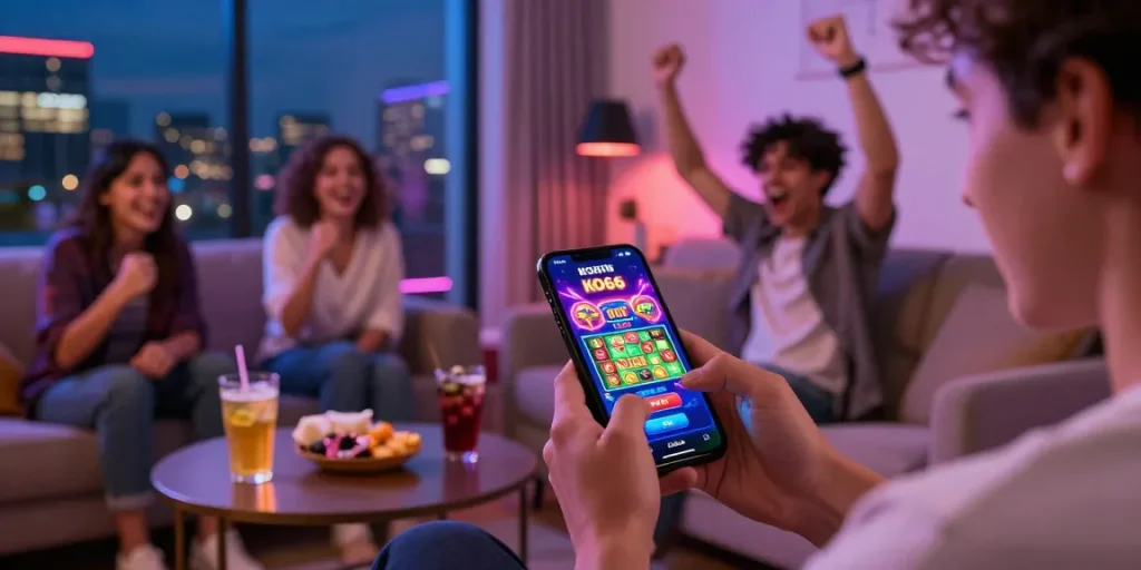 Engaging scene of a user enjoying KO66 app in a vibrant gaming environment with friends.