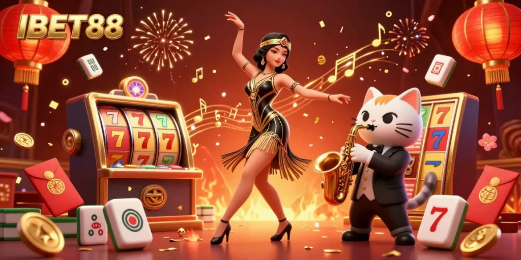 Experience the thrill of IBET88 with vibrant casino elements and rich details in this dynamic scene.