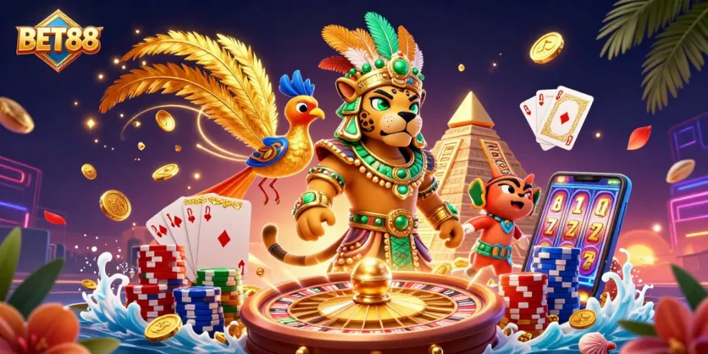 Experience exhilarating gameplay at BET88 with dynamic casino elements and vibrant characters in 3D.