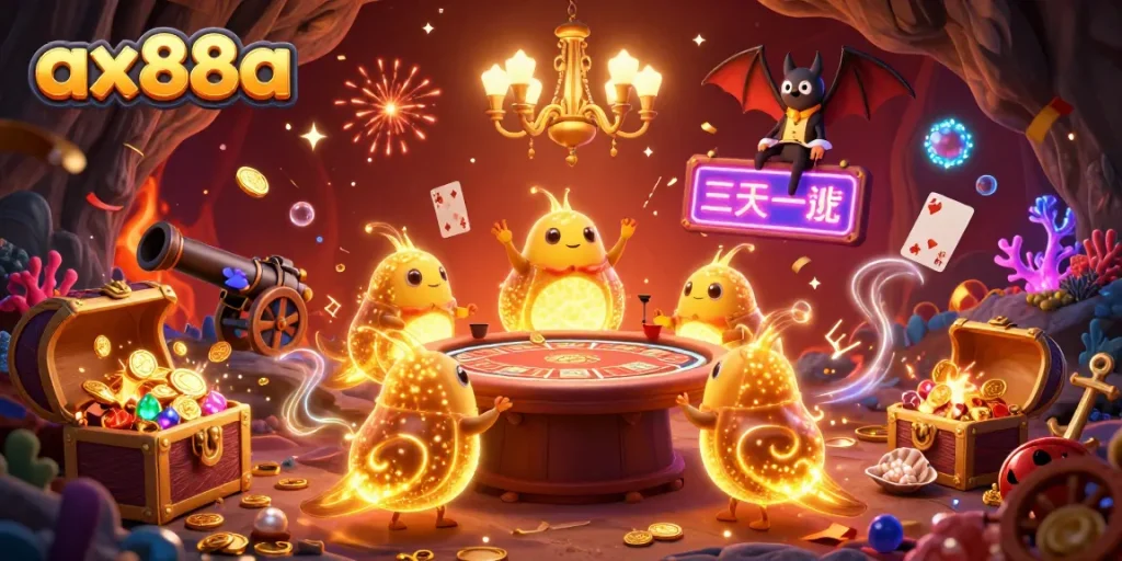 Join the fun at ax88a where glowworms illuminate the casino with their golden tails amidst treasures and gaming excitement.