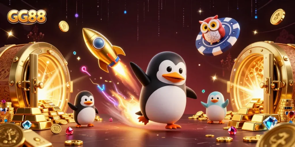 Experience thrilling wins with GG88 as a golden penguin soars to a vibrant casino space station.