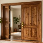 Single leaf double swing door opening to a warm, inviting entryway with stylish decor and natural light.