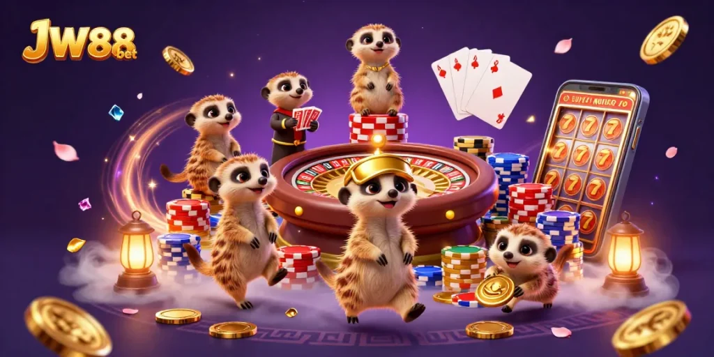 Experience thrilling games at JW88 bet with vibrant meerkats managing an exciting casino.