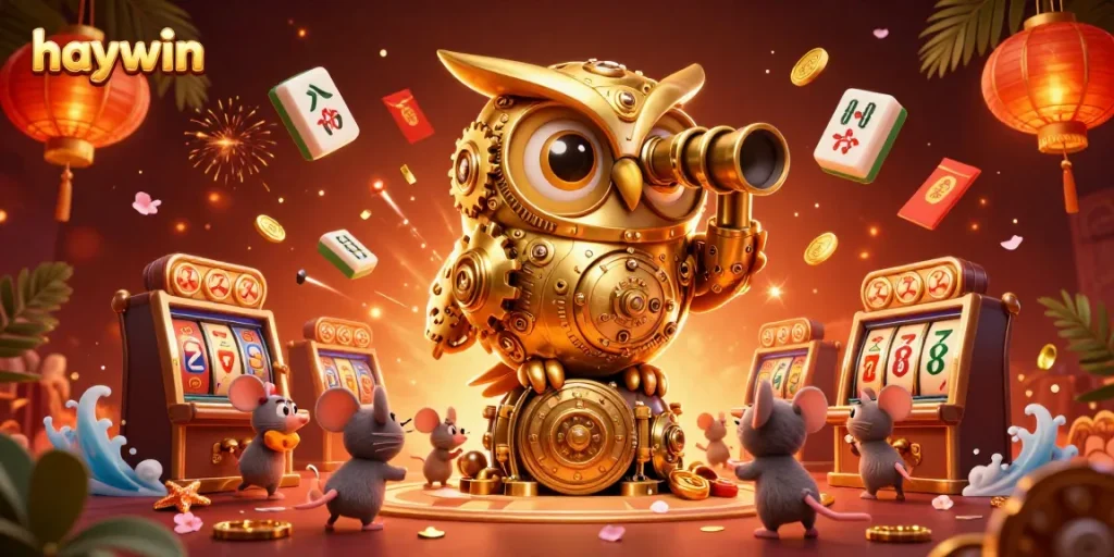Experience excitement with haywin's unique 3D casino scene showcasing a golden owl overseeing lively gameplay.